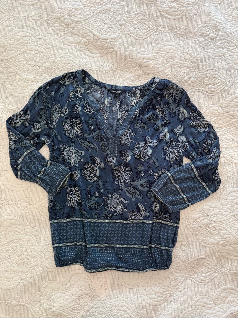 Lucky Brand Blue Floral Peasant Top Blouse Women's Boho V-Neck Sz M - EUC